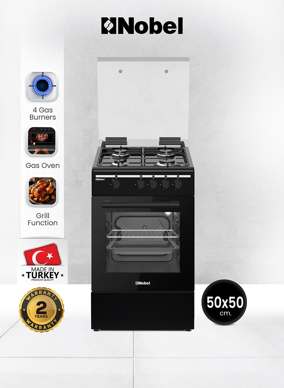 Nobel 50x50 Gas Cooker with 4 Gas Burners, Gas Oven, Flame Failure Device, Black Enamel Top Plate, Euro Pool Type Hob, Made in Turkey, One year Warranty NGC5000BK Black 