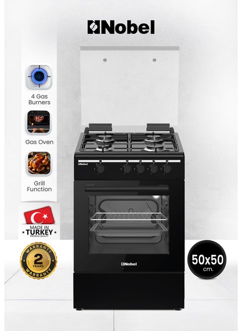 50x50 Gas Cooker with 4 Gas Burners, Gas Oven, Flame Failure Device, Black Enamel Top Plate, Euro Pool Type Hob, Made in Turkey, One year Warranty NGC5000BK Black