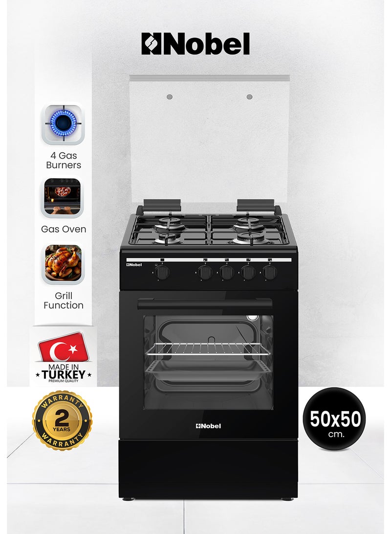 Nobel 50x50 Gas Cooker with 4 Gas Burners, Gas Oven, Flame Failure Device, Black Enamel Top Plate, Euro Pool Type Hob, Made in Turkey, One year Warranty NGC5000BK Black  - Image 1