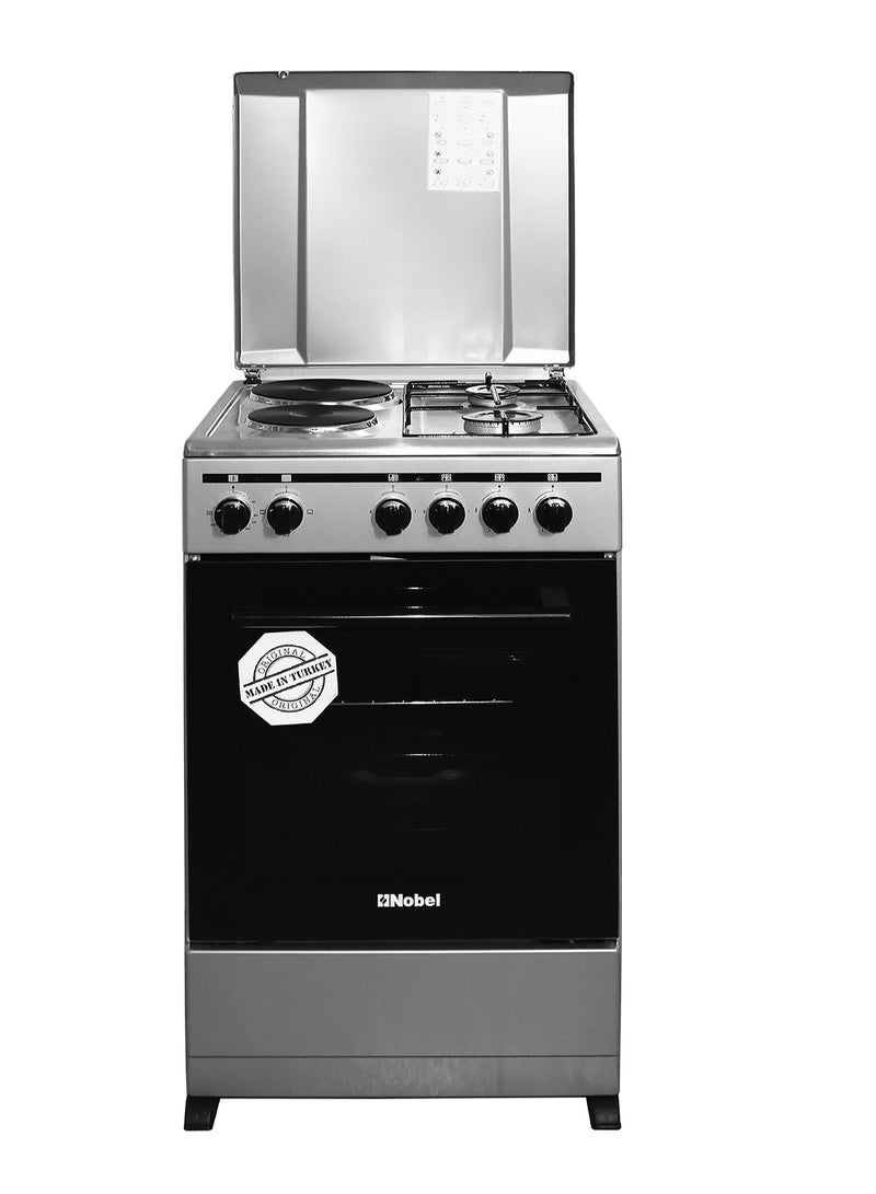 نوبل طباخ كهربائي وغاز 50 × 50، 2 شعلة غاز، 2 طبق تسخين، شواية كهربائية وفرن كهربائي، 6 مقابض تحكم، إشعال يدوي، غطاء ستانلس ستيل، ضوء داخلي، 49.8 × 54.7 × 86 سم، فضي، صنع في تركيا - Image 1