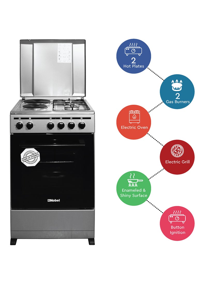 نوبل طباخ كهربائي وغاز 50 × 50، 2 شعلة غاز، 2 طبق تسخين، شواية كهربائية وفرن كهربائي، 6 مقابض تحكم، إشعال يدوي، غطاء ستانلس ستيل، ضوء داخلي، 49.8 × 54.7 × 86 سم، فضي، صنع في تركيا - Image 2
