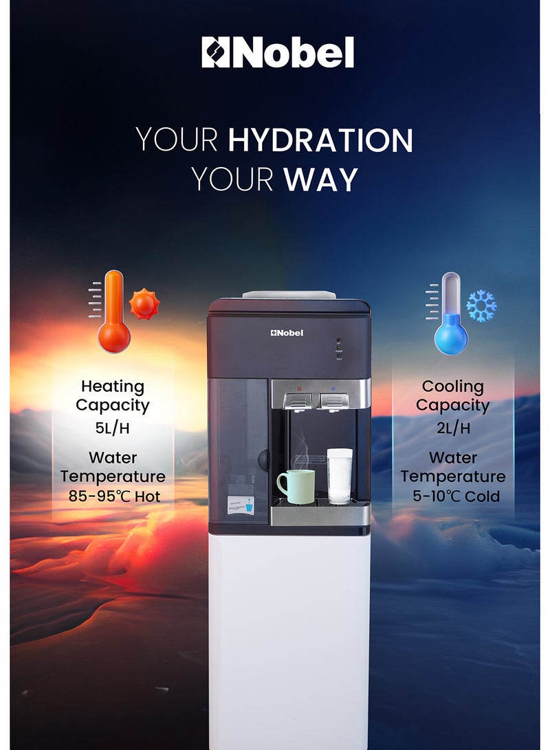 مبرد مياه 2 صنبور قائم بذاته مع خزانة تخزين سفلية وتخزين الأكواب، تبريد ضاغط ساخن وبارد