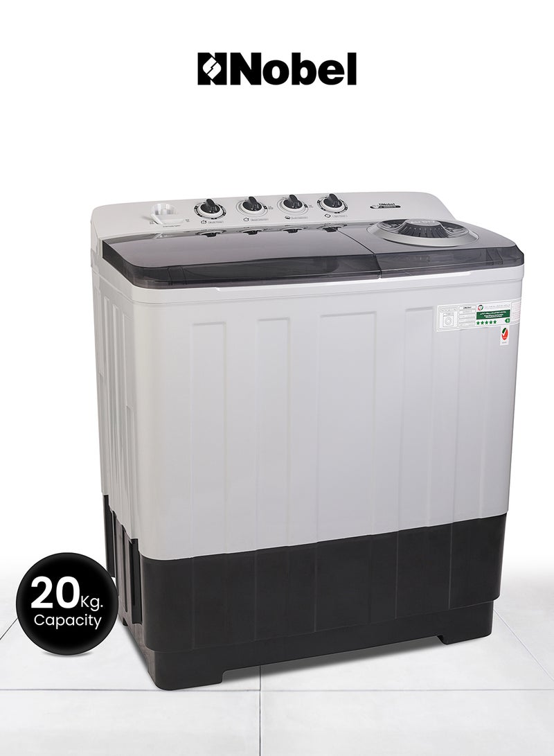 Nobel 20.0 Kg Washer / 10 Kg Spin Capacity Twin-Tub Semi-Automatic Washing Machine, Knob Control, Timer, Hinged Spin Lid, 480W Wash Input Power, Efficient Laundry Solution 480 W NWM2010 Light Grey with Blue Lid  - Image 1