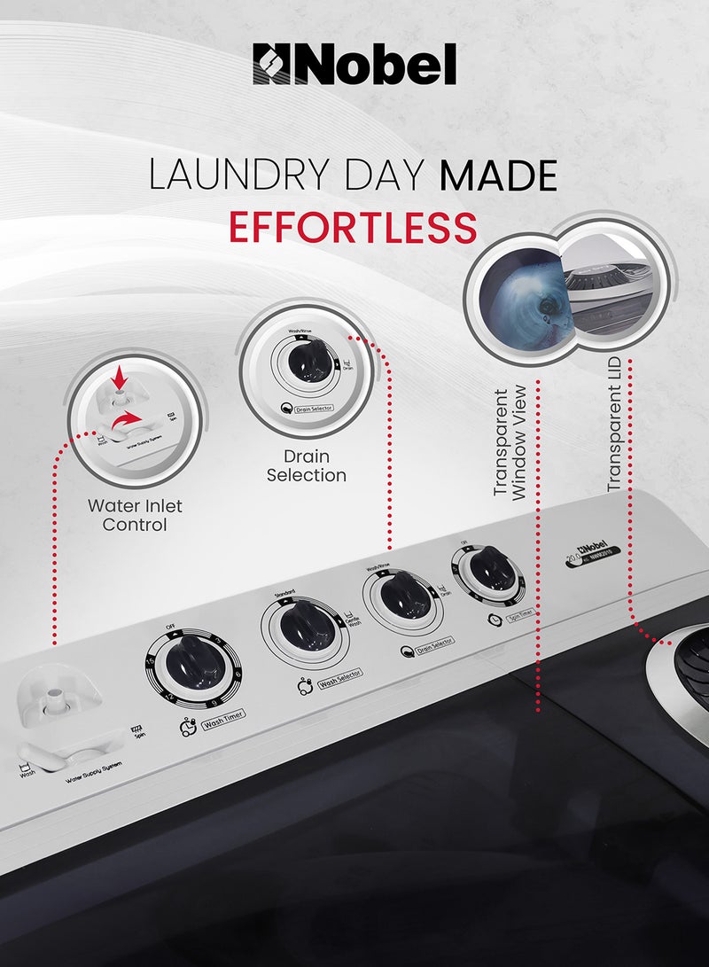 Nobel 20.0 Kg Washer / 10 Kg Spin Capacity Twin-Tub Semi-Automatic Washing Machine, Knob Control, Timer, Hinged Spin Lid, 480W Wash Input Power, Efficient Laundry Solution 480 W NWM2010 Light Grey with Blue Lid  - Image 3