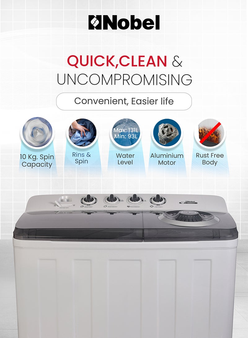 Nobel 20.0 Kg Washer / 10 Kg Spin Capacity Twin-Tub Semi-Automatic Washing Machine, Knob Control, Timer, Hinged Spin Lid, 480W Wash Input Power, Efficient Laundry Solution 480 W NWM2010 Light Grey with Blue Lid  - Image 4