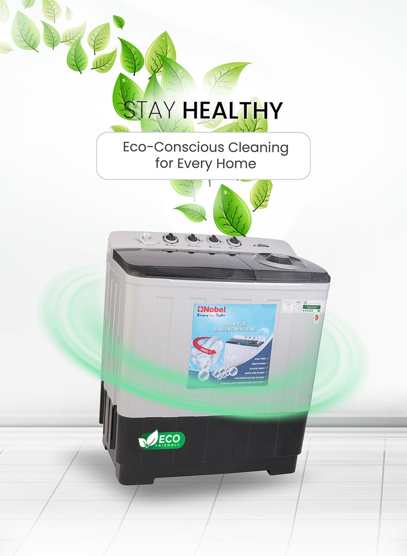 20.0 Kg Washer / 10 Kg Spin Capacity Twin-Tub Semi-Automatic Washing Machine, Knob Control, Timer, Hinged Spin Lid, 480W Wash Input Power, Efficient Laundry Solution 480 W NWM2010 Light Grey with Blue Lid