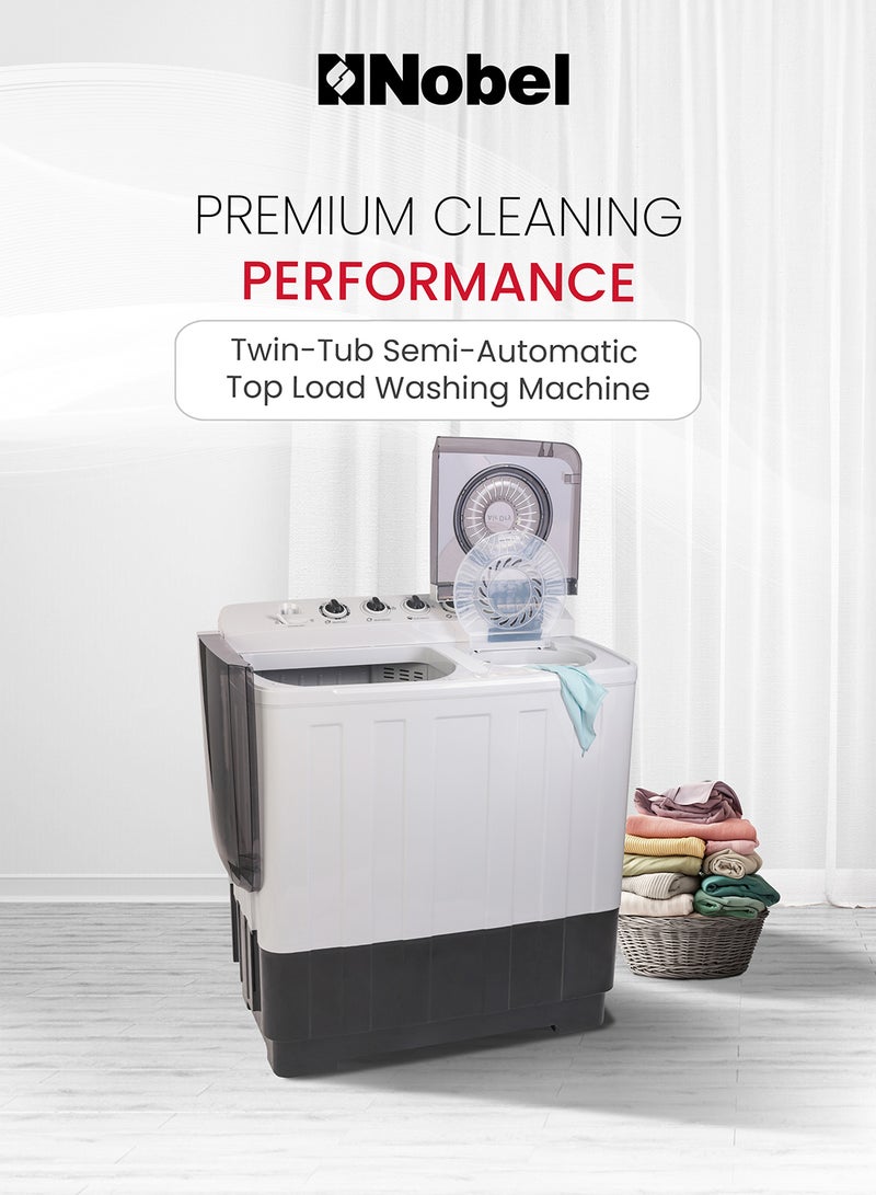 Nobel 20.0 Kg Washer / 10 Kg Spin Capacity Twin-Tub Semi-Automatic Washing Machine, Knob Control, Timer, Hinged Spin Lid, 480W Wash Input Power, Efficient Laundry Solution 480 W NWM2010 Light Grey with Blue Lid  - Image 2