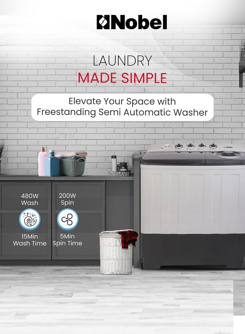 Nobel 20.0 Kg Washer / 10 Kg Spin Capacity Twin-Tub Semi-Automatic Washing Machine, Knob Control, Timer, Hinged Spin Lid, 480W Wash Input Power, Efficient Laundry Solution 480 W NWM2010 Light Grey with Blue Lid  - Image 5