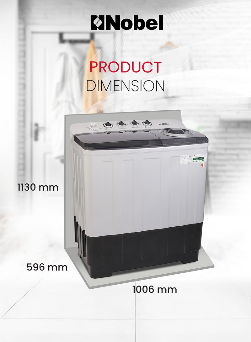 20.0 Kg Washer / 10 Kg Spin Capacity Twin-Tub Semi-Automatic Washing Machine, Knob Control, Timer, Hinged Spin Lid, 480W Wash Input Power, Efficient Laundry Solution 480 W NWM2010 Light Grey with Blue Lid