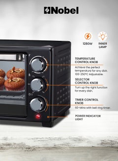 Nobel Electric Oven 18 Litres Capacity, 100-250℃ Temperature Control, 60 Minutes Timer, Rotisserie, Inner Lamp, Stainless Steel Heating Element 18 L 1280 W NEO20 Black  - Image 4