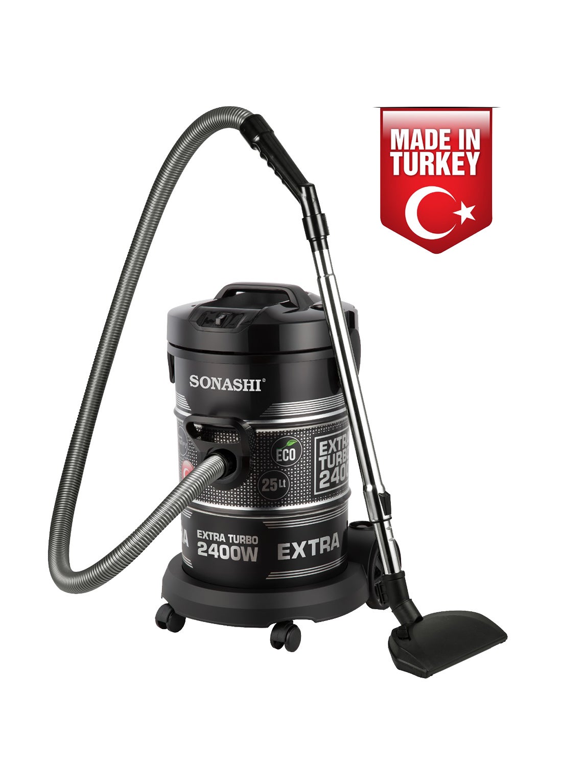 25L Drum Vacuum Cleaner with Multi Filtration System | Big Dust Capacity with Strong Suction and Super Low Noise | Easy Moveable with Wheels | Dust Full Indicator 2400 W SVC-9029D Black 