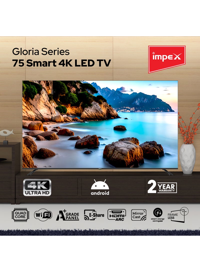 Impex 75 Inch 4K Ultra HD Smart Android LED TV-Frame Less Design,Mirror Cast And E-Share, HDMI\USB\ Wi-Fi Input, Netflix, YouTube, Disney+, Apple TV+, Starz Play Arabia GLORIA 75 SMART Black  - Image 2