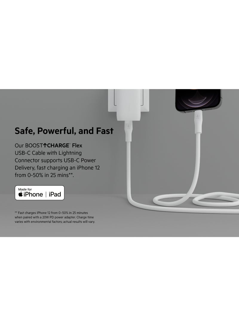belkin - BoostCharge Flex Silicone USB Type C to Lightning Cable (3M/10ft), MFi Certified 20W Fast Charging PD Power Delivery for iPhone 14/14 Plus, 13, 12, Pro, Max, Mini, SE, iPad and More White - Image 1