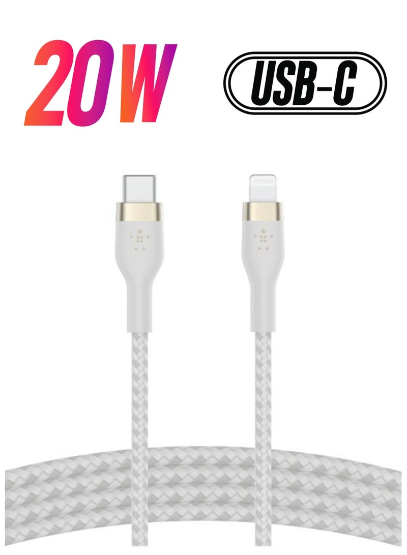 belkin - BoostCharge Pro Flex Braided USB Type C to Lightning Cable (1M/3.3FT), MFi Certified 20W Fast Charging PD Power Delivery for iPhone 14/14 Plus, 13, 12, Pro, Max, Mini, SE, iPad and More White - Image 1