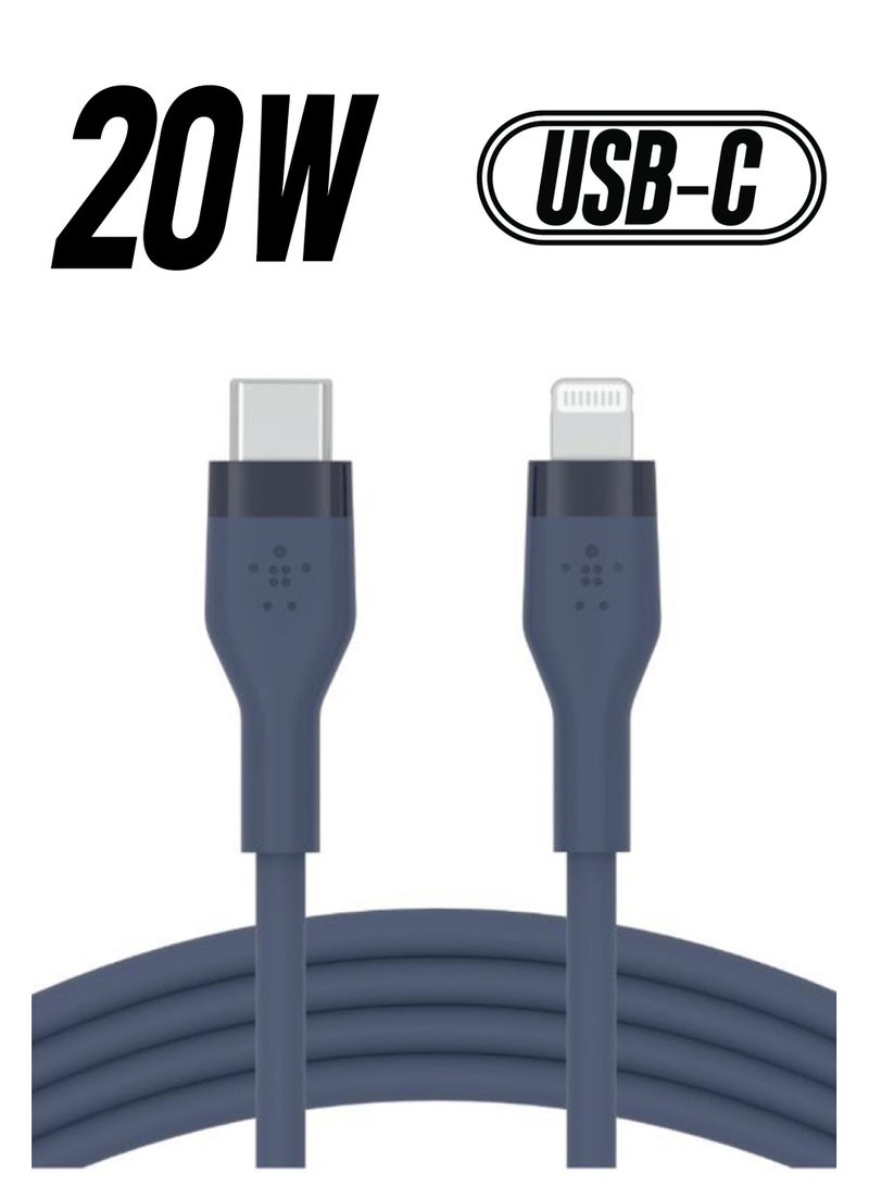 belkin - BoostCharge Pro Flex Silicone USB C To Lightning Cable, MFI Certified iPhone Cable 20W Fast Charging Power Delivery For iPhone 15, 14, 13, 12, Pro, Plus, Pro Max, Mini, iPad And More - (1M) Blue - Image 1