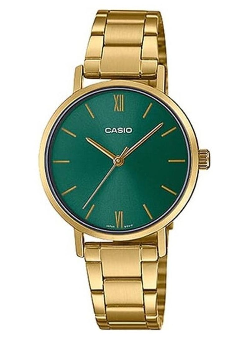 كاسيو ساعة يد نسائية انالوج بمينا أخضر وسوار وسوار من الستانلس ستيل مطلي بالأيون الذهبي LTP-VT02G-3AUDF - Image 1