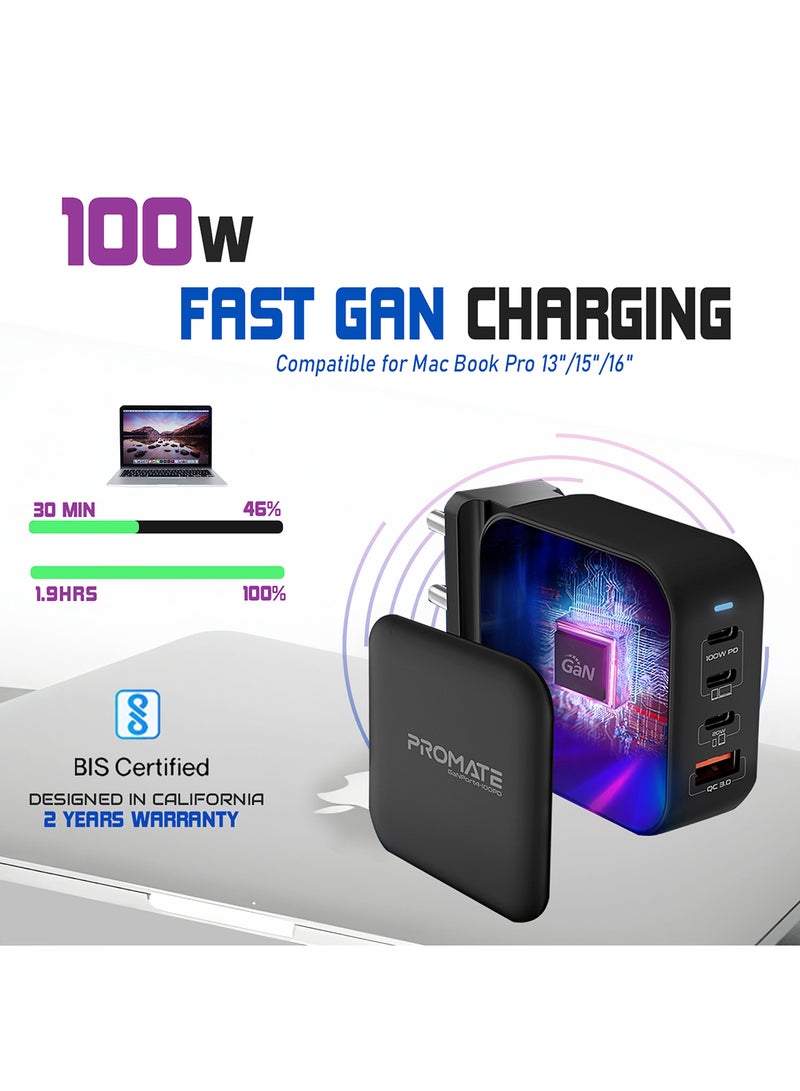 100W Power Delivery GaNFast Charger with Quick Charge 3.0 Black