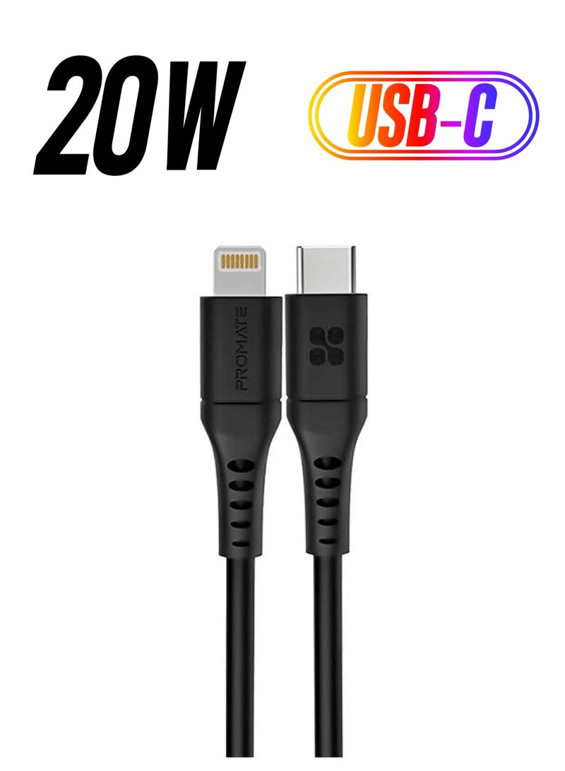 PROMATE - 20W Power Delivery Fast Charging Lightning Cable 2M Black - Image 1