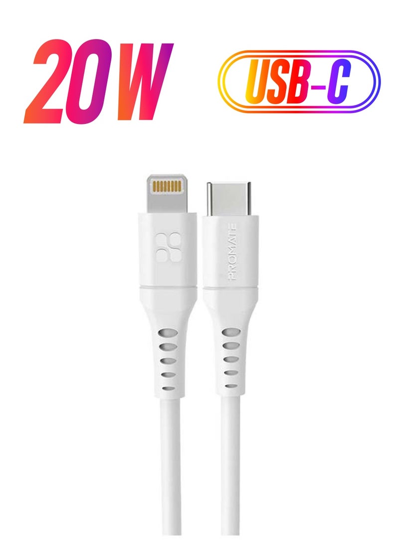 PROMATE - iPhone14 Type-C to Lightning Cable for iPhone 13, Ultra-Fast Charging 3A USB-C to Lightning Sync Charge Cord with 20W Power Delivery and Anti-Tangle 1.2m Soft Silicone Cable for iPhone, iPad, iPod, AirPods, PowerLink-120 White - Image 1