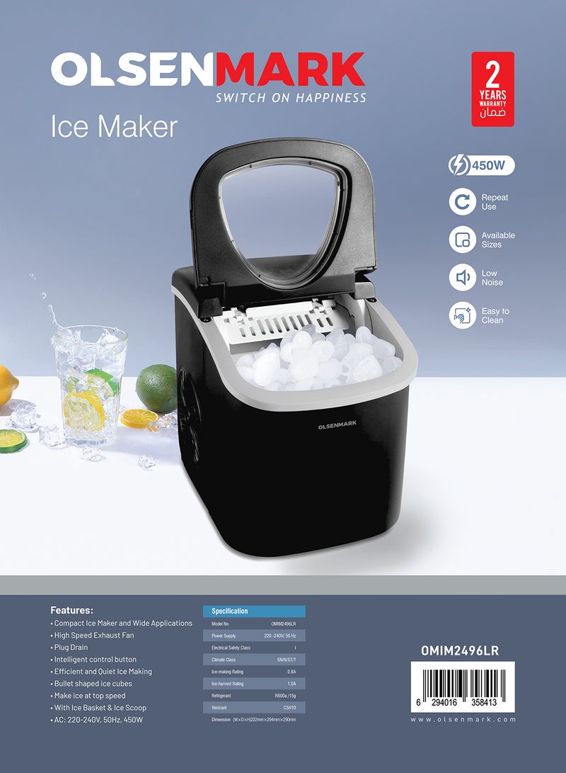 Olsenmark - Ice Maker With Plug Drain, High Speed Fan, Bullet Shaped Ices Includes Basket And Scoop, Compact And Wide Use, Perfect For Home, Restaurants, Outdoor Parties, Camps 100 W OMIM2496LR Black - Image 1