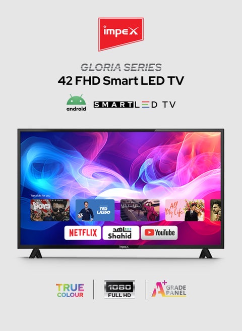 42 Inch Full HD Smart Android LED TV - A+ Grade Panel, Quad Core Processor, Super Slim, Smart Energy Saving, Mirror Cast And E-Share, HDMI\USB\Wi-Fi Input, Netflix, YouTube, Disney+, Apple TV+, Starz Play Arabia Gloria 42 Smart Black