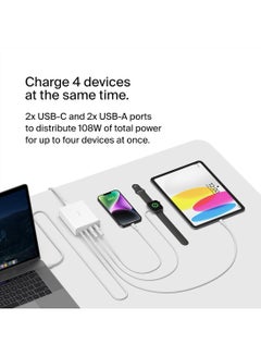بيلكين قاعدة شحن جان USB بقدرة 108 وات للأجهزة المتعددة بمنفذي USB Type C ومنفذي USB A للشحن السريع لأجهزة ماك بوك وبرو وآير وآيفون وماكس وميني وآي باد برو وجالاكسي وغيرهم أبيض  - Image 4