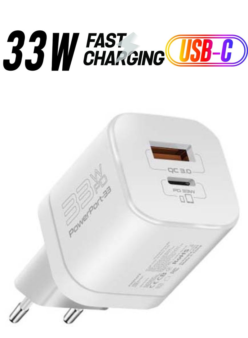 PROMATE - GaN USB-C Charger, Ultra-Compact 33W USB-C Power Delivery Wall Charger With Fast 22.5W QC 3.0 Charging Port, Adaptive Smart Charging And Short-Circuit Protection For MacBook, iPad Pro, iPhone 13 White - Image 1