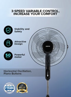 GEEPAS 16" Stand Fan, Wide Oscillation, 5 Blades | Adjustable Height | 3 Speed Setting | Metal Safety Grill | Ideal for Home, Office, Restaurant 50 W GF9615L Black  - Image 3