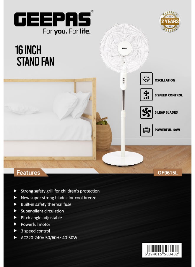 GEEPAS 16" Stand Fan, Wide Oscillation, 6PP Blades | Adjustable Height | 3 Speed Setting | Metal Safety Grill | Ideal for Home, Office, Restaurant, Etc 50 W GF9615L White - Image 5