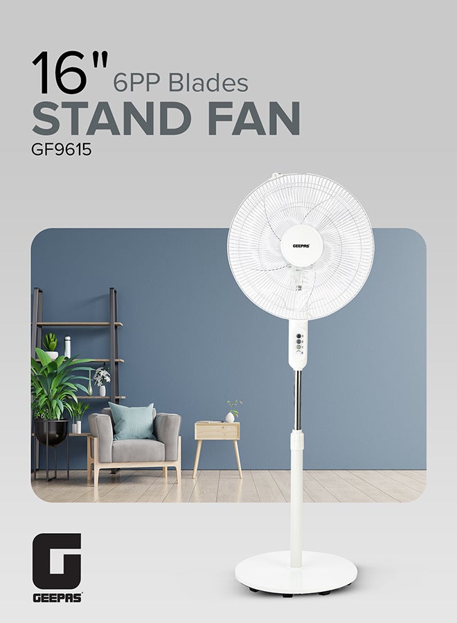 GEEPAS 16" Stand Fan, Wide Oscillation, 6PP Blades | Adjustable Height | 3 Speed Setting | Metal Safety Grill | Ideal for Home, Office, Restaurant, Etc 50 W GF9615L White - Image 2