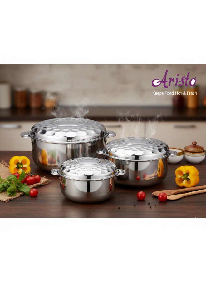 Alsaif Al Saif Stainless Steel Food Storage Container Set, 3 Pieces, Sizes 2.5 L, 1.5 L, and 1 L Silver