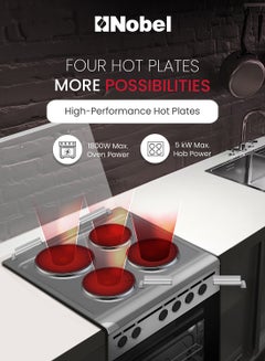 Nobel 50 x 50 Electric Cooker, 4 Hot Plate & Electric Oven, 6 Knob Control, Auto Ignition, Stainless Steel Lid, Inner Light, 49.8 x 54.7 x 86 cm, Silver, Made In Turkey NGC5400S Silver/Black  - Image 5