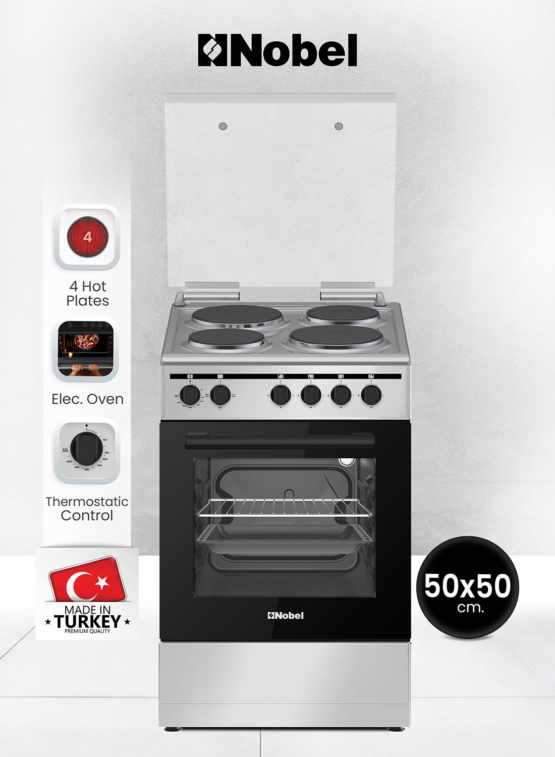 Nobel 50 x 50 Electric Cooker, 4 Hot Plate & Electric Oven, 6 Knob Control, Auto Ignition, Stainless Steel Lid, Inner Light, 49.8 x 54.7 x 86 cm, Silver, Made In Turkey NGC5400S Silver/Black 