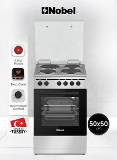 Nobel 50 x 50 Electric Cooker, 4 Hot Plate & Electric Oven, 6 Knob Control, Auto Ignition, Stainless Steel Lid, Inner Light, 49.8 x 54.7 x 86 cm, Silver, Made In Turkey NGC5400S Silver/Black  - Image 1
