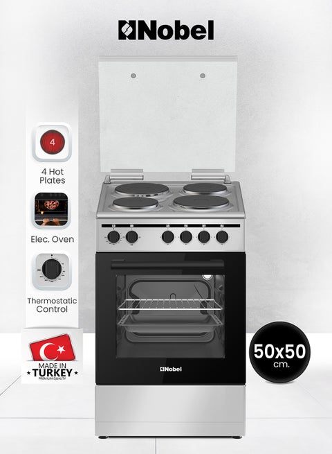 50 x 50 Electric Cooker, 4 Hot Plate & Electric Oven, 6 Knob Control, Auto Ignition, Stainless Steel Lid, Inner Light, 49.8 x 54.7 x 86 cm, Silver, Made In Turkey NGC5400S Silver/Black