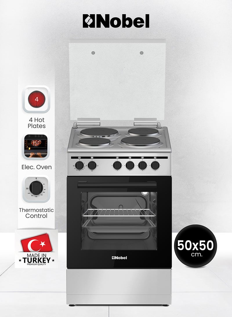 Nobel 50 x 50 Electric Cooker, 4 Hot Plate & Electric Oven, 6 Knob Control, Auto Ignition, Stainless Steel Lid, Inner Light, 49.8 x 54.7 x 86 cm, Silver, Made In Turkey NGC5400S Silver/Black  - Image 1