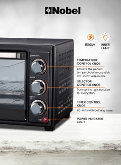 Nobel Electric Oven Black 35 Litres 1500W Stainless Steel Heating Element Rotisserie With Timer NEO36 35 L 1500 W NEO36 Black  - Image 4