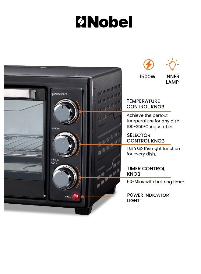 نوبل فرن كهربائي من الاستانلس ستيل سعة 35 لتراً وبقوة 1500 وات مزود بعنصر تسخين وشواية ومؤقت بلون أسود طراز NEO36 35 L 1500 W NEO36 أسود - Image 4