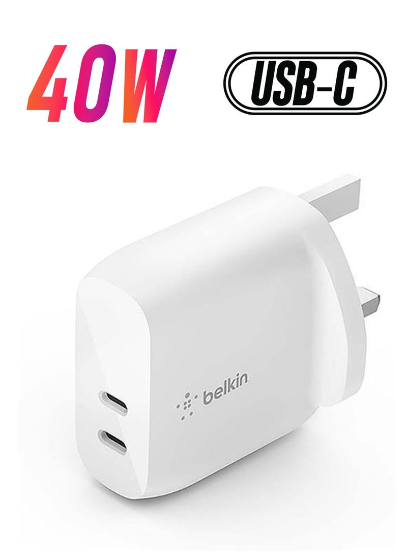 belkin - 40W USB Type C PD Wall Charger (Dual USB-C Ports for 20W Per Port Fast Power Delivery Enabled Charging for iPhone 14/14 Plus, 13, 13 Pro, 13 Pro Max, Mini, iPad Pro, Galaxy, and More) White - Image 1