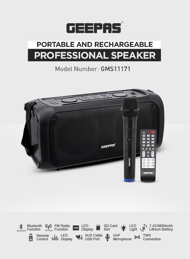 GEEPAS - Portable & Rechargeable Professional Speaker With UHF Microphone, Remote Control, TWS Connection, Bluetooth/FM Radio, Guitar Input Jack ,50000W PMPO, GMS11171,Black Black - Image 1