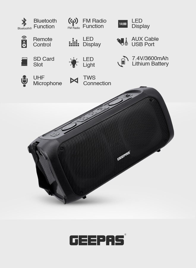 GEEPAS - Portable & Rechargeable Professional Speaker With UHF Microphone, Remote Control, TWS Connection, Bluetooth/FM Radio, Guitar Input Jack ,50000W PMPO, GMS11171,Black Black - Image 1