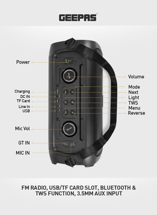 GEEPAS - Portable & Rechargeable Professional Speaker With UHF Microphone, Remote Control, TWS Connection, Bluetooth/FM Radio, Guitar Input Jack ,50000W PMPO, GMS11171,Black Black - Image 1