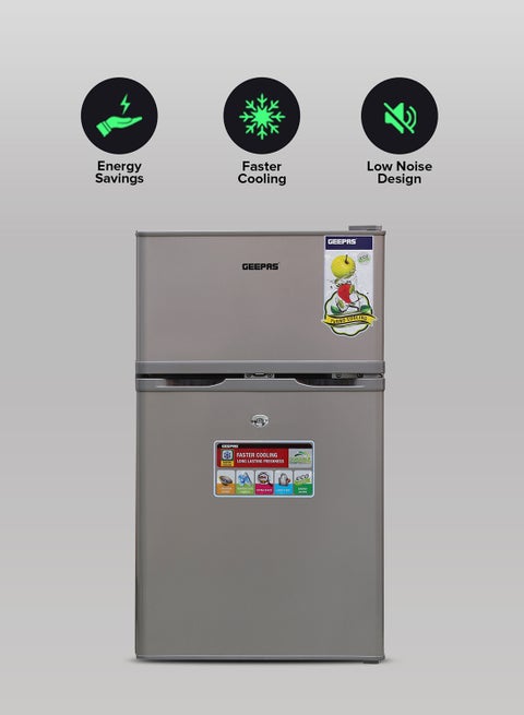 125L Gross/85L Net Capacity, Double Door Defrost Refrigerator With Rapid Cooling Function, Tropic Type, CFC Free, Interior Lamp, Adjustable Leg, Hook & Key, Outside Condenser,  25L Freezer capacity GRF1259GPE Metallic grey