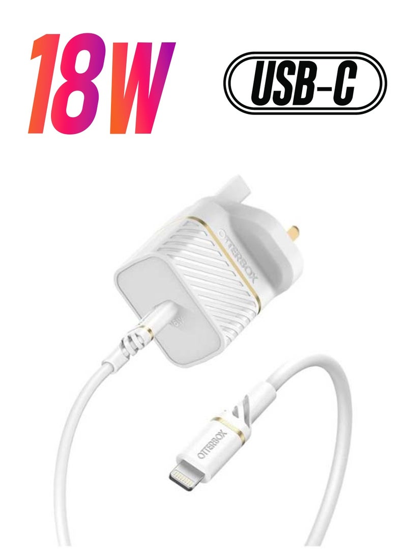 Otterbox UK Fast Wall Charger Bundle USB-C 18W PD + USB-C to USB-C Cable 1m White  - Image 1