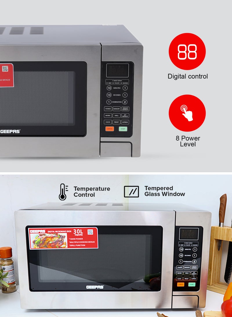 GEEPAS Digital Microwave Oven | Ideal For Grilling-Roasting-Heating 30 L 1000 W GMO1897 Silver & Black  - Image 3