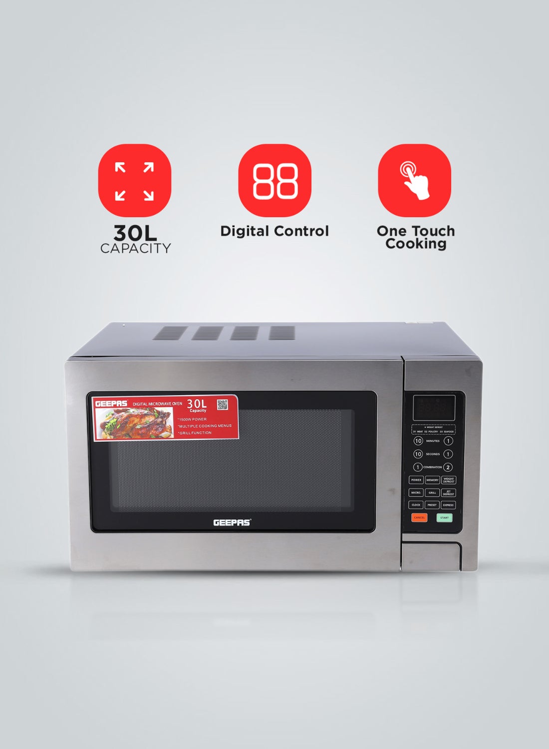 GEEPAS Digital Microwave Oven | Ideal For Grilling-Roasting-Heating 30 L 1000 W GMO1897 Silver & Black 