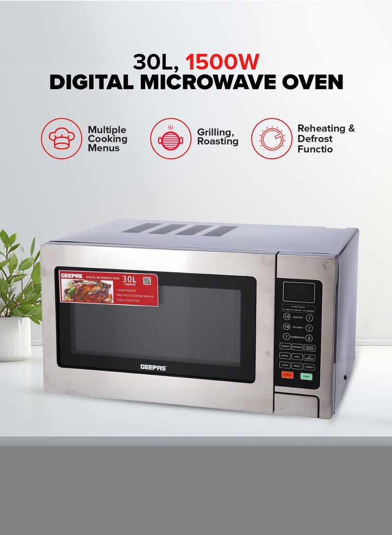 GEEPAS Digital Microwave Oven | Ideal For Grilling-Roasting-Heating 30 L 1000 W GMO1897 Silver & Black  - Image 2