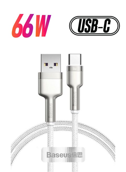 كابل بيانات معدني بطول 2 متر من سلسلة كافولي من USB إلى Type-C بقدرة 66 وات بخاصية الشحن السريع لهاتف هواوي P30، وP20 لايت، وP20، وميت 20، وميت 20 برو، وميت RS، وهونر فيو 20، وهونر ماجيك 2، وغير ذلك المزيد. وجميع أجهزة الأندرويد. أبيض