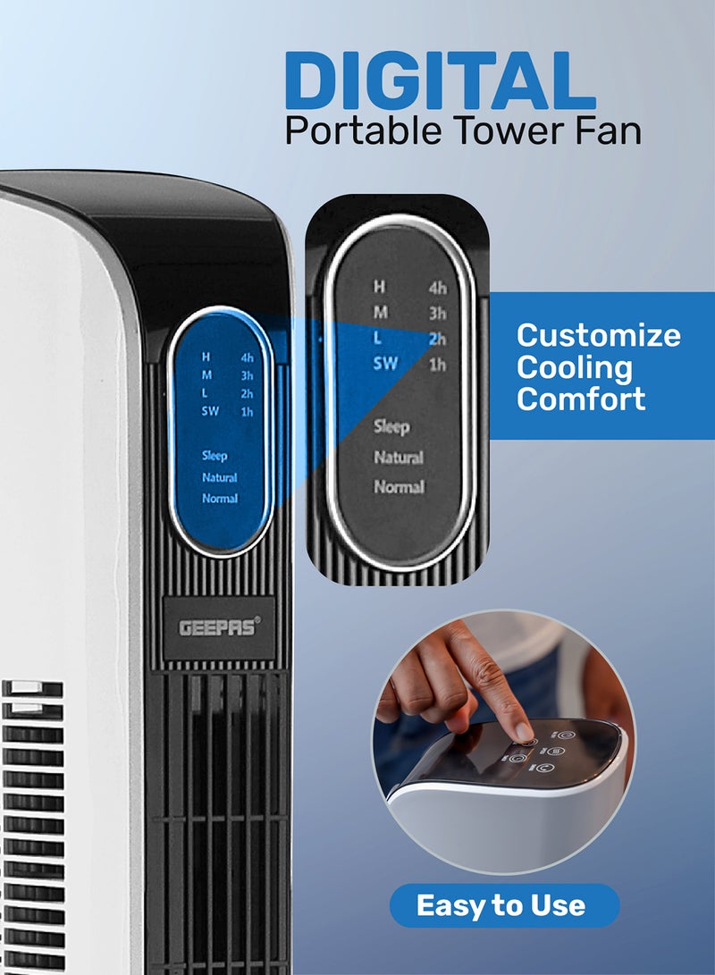 GEEPAS Digital Tower Fan| With Silent, Smooth and Safe Operation| Automatic Oscillation Function and Wide Range, 3 Speeds: Low, Middle and High| Ideal For Home, Office, Garage, Apartment| 2 Years Warranty GF21167 White, Black  - Image 2