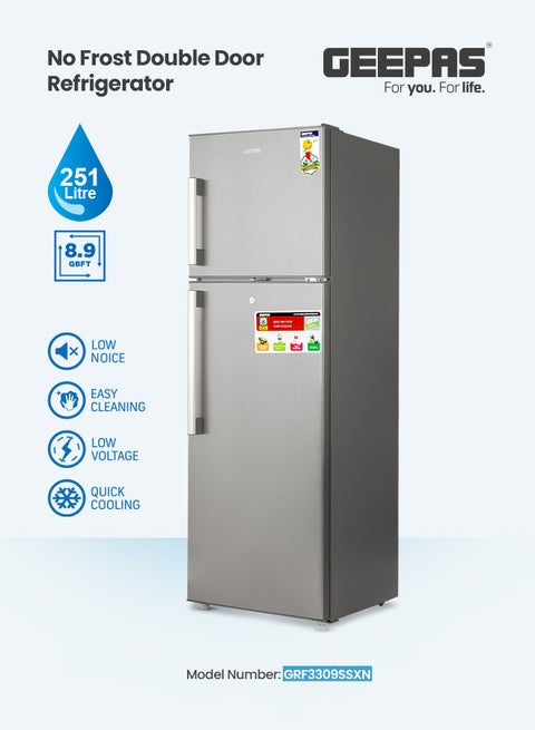 Total No Frost Double Door Refrigerator - 251L Gross Capacity (53L Freezer / 198L Refrigerator) - Stainless Steel Finish - Long Lasting Freshness - Multi Air Flow - Recessed Handle - Glass Shelves - High-Quality Tempered Glass Shelves GRF3309SSXN Silver